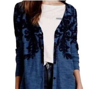 Anthropologie Moth Heather Blue with Navy Raised Design Button Front Cardigan